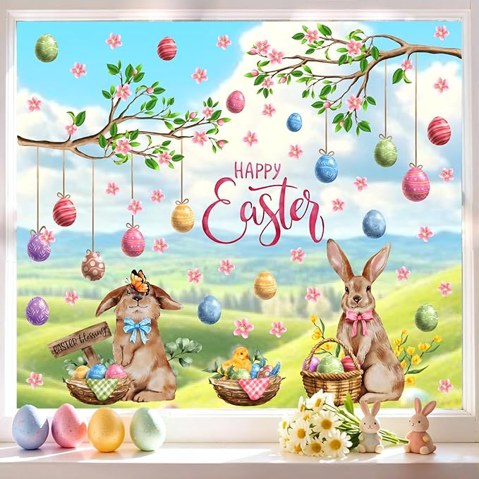 Happy Easter Window Clings Bunny Window Decorations Decals for Glass Double-Sided Removable Easter Egg Vinyl Static Sticker Spring Tree Branch Decals for Living Room Bedroom Office Holiday Supplies