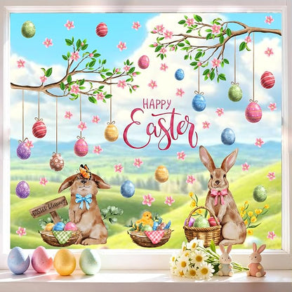 Happy Easter Window Clings Bunny Window Decorations Decals for Glass Double-Sided Removable Easter Egg Vinyl Static Sticker Spring Tree Branch Decals for Living Room Bedroom Office Holiday Supplies
