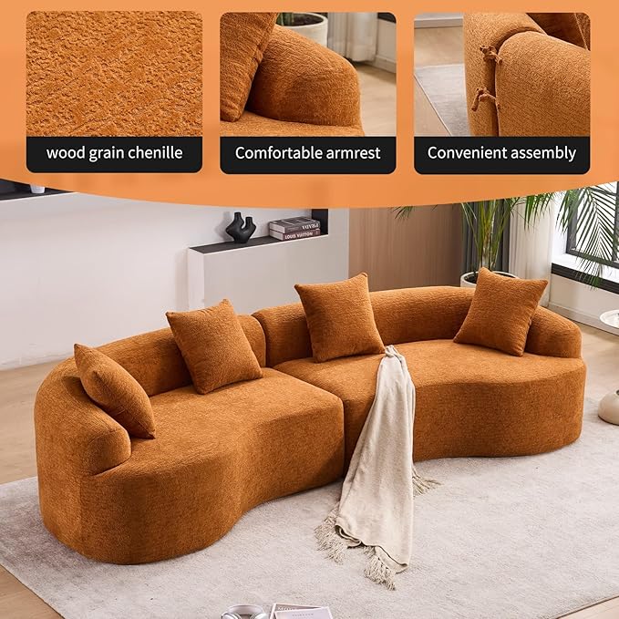 KEIKI Curved Chenille Modular Sectional Couches with Pillows, 4 Seater Oversized Upholstered Luxury Plush Cloud Sofa for Living Room Apartment, Full Compression Sponge,