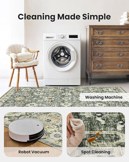 AMADA HOMEFURNISHING 10x14 Washable Area Rug, Low-Profile Large Area Rug with Non-Slip Backing & Durable Edge Binding, Vintage Large Rugs for Living Room, Bedroom & Dining Room