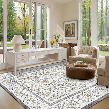 GarveeHome Boho 6x9 Area Rug for Living Room, Floral Vintage Rugs for Bedroom with Soft Low Pile, Non Slip Stain Resistant Botanical Washable Rug 6x9 for Dining Room Grey Carpet for Dorm Office