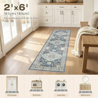 Washable 2x6 Runner Rugs: Non Slip Vintage Blue Yellow Area Rugs for Living Room, Large Soft Stain Resistant Indoor Floor Carpets for Bedroom Dining Room Nursery Home Office Kid & Pet Friendly