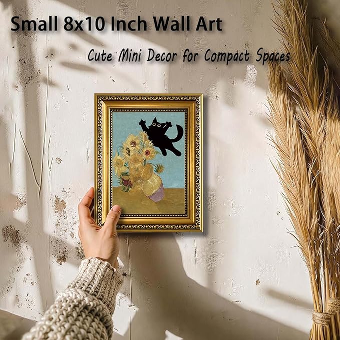 YD&YZY Gold Framed Funny Cat Wall Art Canvas Vintage Black Cat Wall Decor Van Gogh Sunflower Cute Animal Room Print Painting Picture Poster For Home Bedroom Dorm 8x10 inch Small Framed