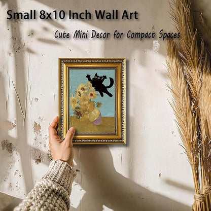 YD&YZY Gold Framed Funny Cat Wall Art Canvas Vintage Black Cat Wall Decor Van Gogh Sunflower Cute Animal Room Print Painting Picture Poster For Home Bedroom Dorm 8x10 inch Small Framed
