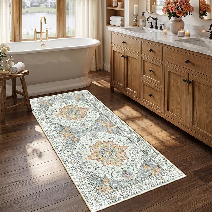 RELEANY Area Rugs 2'6"x5' Runner Rug Non Slip Washable for Kitchen Hallway Bedroom Beside Laundry Room Bathroom Rug, Floor Carpet, Light Yellow Carbon Grey Orange