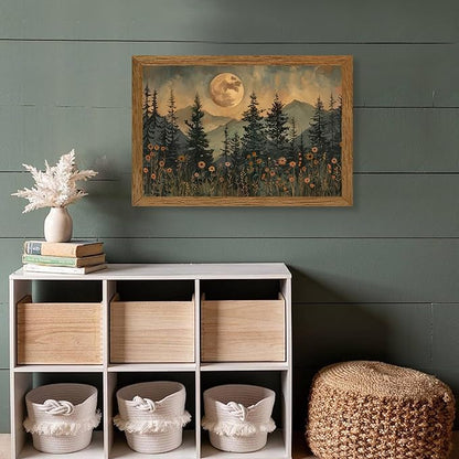 JLTULT Framed Vintage Moon Forest Canvas Wall Art, Moonlight Pine Tree Flower Wall Decor, Woodland Wildflower Picture Prints Artwork for Bedroom Living Room Office Decoration 20x30 inch Easy to Hang