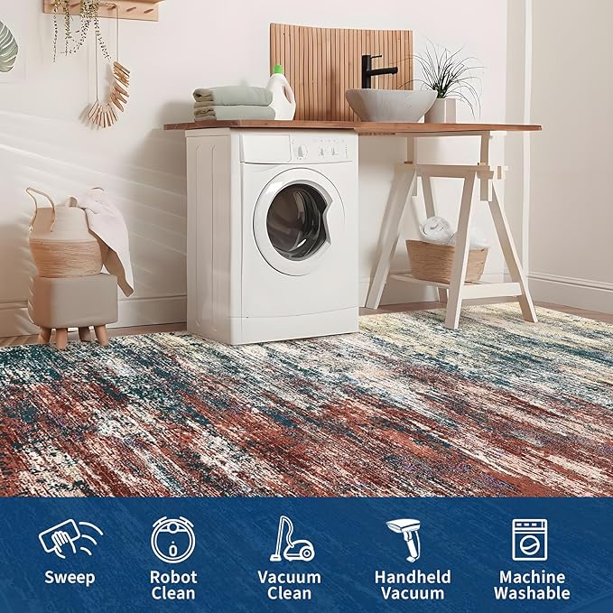 ROYHOME Modern Abstract Living Room Rug 10x13, Machine Washable Large Carpet, Non Slip Low Pile Throw Rug, Ultra Soft Indoor Floor Carpet for Bedroom Dining Room Table Home Decor, Red/Multi