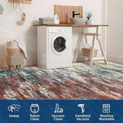 ROYHOME Washable Rug 5x7 Abstract Area Rug for Living Room, Non Slip Foldable Soft Rugs for Bedroom, Stain Resistant Rugs Modern Fuzzy Rug, Indoor Floor Carpet for Entryway Home, Red Multi