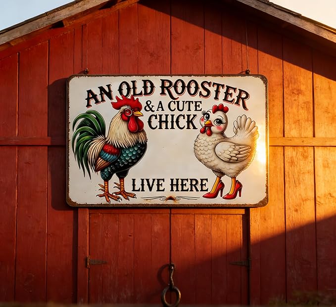Vintage Chicken Coop Metal Signs Funny Farmhouse Tin Sign An Old Rooster & A Cute Chick Live Here Metal Sign Funny Tin Signs for Chicken Coop Farm Kitchen Garden Yard Decor