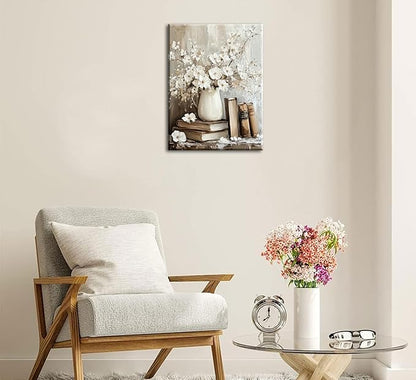Vintage Books Canvas Wall Art Farmhouse Rustic Floral Painting Picture Wall Decor Still Life Flowers Poster Print Artwork for Countryside Farmhouse Library Gallery Living Room Home Decoration