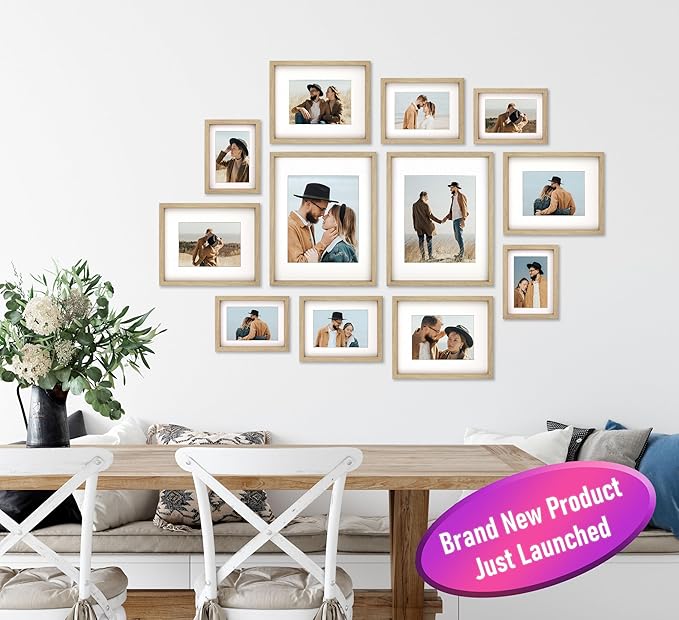 12 Pack Shadow Box Style Gallery Wall Frame Set - Rustic Photo Frame Set with Mat for 8x10, 5x7 and 4x6 - Multiple Sizes Picture Frame Set for Wall Collage–Farmhouse Assorted Deep Picture Frames(Oak)