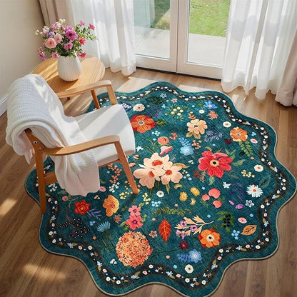 Macgace Dark Green Round Rug for Girls Bedroom, 5ft Machine Washable Floral Area Rugs with Non Slip Backing, Cute Flower Carpet Kitchen Living Room Kids Playroom Decor