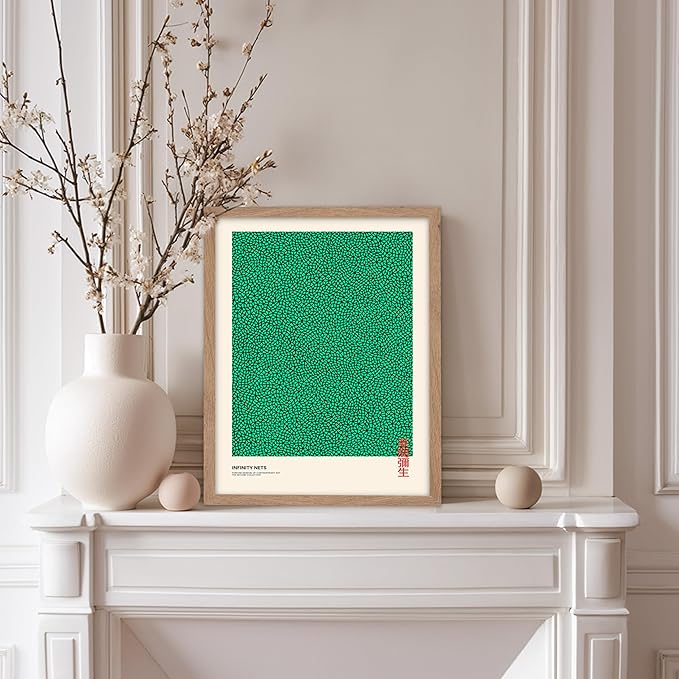 Poster Master Vintage Poster - Retro Pop Art Print - Gift for Artist, Friend - Infinity Nets, Japanese, Green, Modern, Abstract - Wall Decor for Home, Office, 8x10 Beige Framed