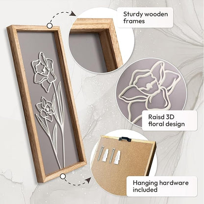 3D Wooden Floral Bathroom Wall Decor (Set of 4) Lightweight, Ready-to-Hang Framed Wall Art For Living Room, Bedroom, or Office - Premium Boho Botanical Farmhouse Decorations - Gift-Boxed