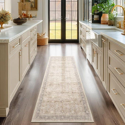 Vintage Neutral 2x5 Rug Runners for Hallways, Non Slip Machine Washable Kitchen Runner, Low Pile Lightweight Carpet Runner for Entryway/Bathroom/Corridor/Laundry Room, Earth Tone Beige Taupe