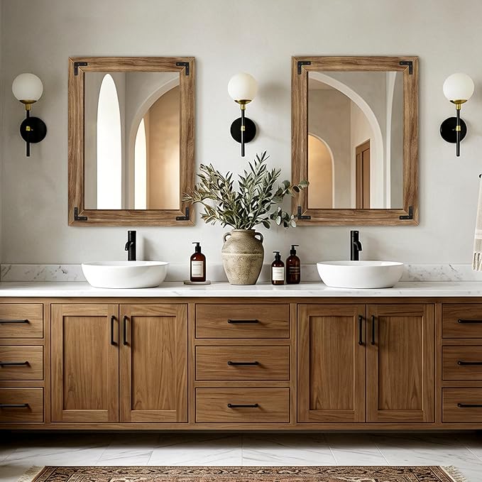 AMOISE Farmhouse Bathroom Vanity Mirror, 32" x 24" Wood Frame Wall Mirror, Vintage Rustic Decor for Entryway, Bedroom, Living Room, Vertical or Horizontal Hanging