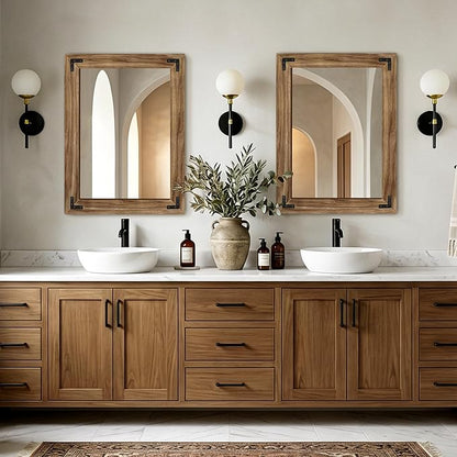 AMOISE Farmhouse Bathroom Vanity Mirror, 32" x 24" Wood Frame Wall Mirror, Vintage Rustic Decor for Entryway, Bedroom, Living Room, Vertical or Horizontal Hanging