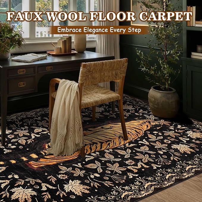 Washable Tiger Area Rugs 5x7Ft, Boho Animal Living Room Bedroom Rugs, Soft Low Pile Jungle Kids Nursery Dining Room Area Floor Carpets for Dorm Playroom Farmhouse Fall Decor, Black/Gold