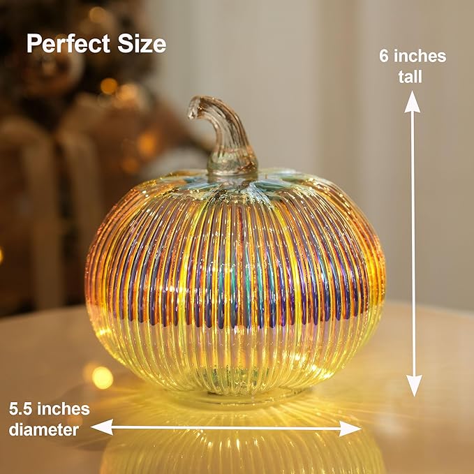 Iridescent Glass Pumpkin Light with Timer | Battery Powered Holiday, Autumn, Thanksgiving Décor