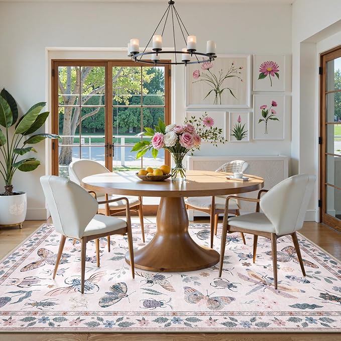 Lahome Insect 9x12 Area Rugs for Living Room Bedroom, Soft Washable Rugs 9x12 Stain Resistant, Ultra-Thin Non-Slip Non-Shedding Accent Carpet for Dining Room Office Vionnet, Pink