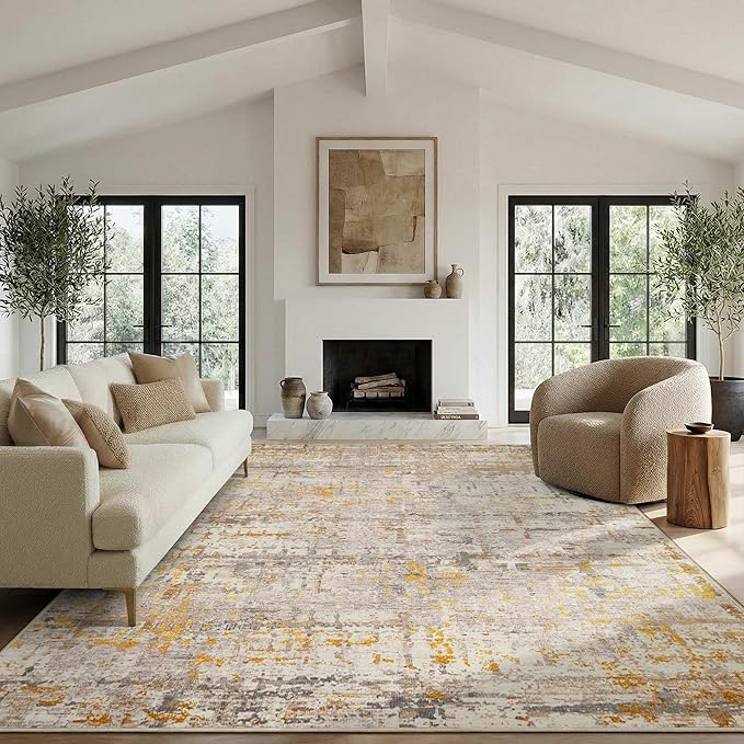 Rugxara Area Rugs 8x10,Large Soft Rugs for Living Room, Washable, Modern Neutral Abstract Rugs for Bedroom Dining Room, Non-Slip Foldable Thin Indoor Carpet Stain Resistant(Beige Gold)