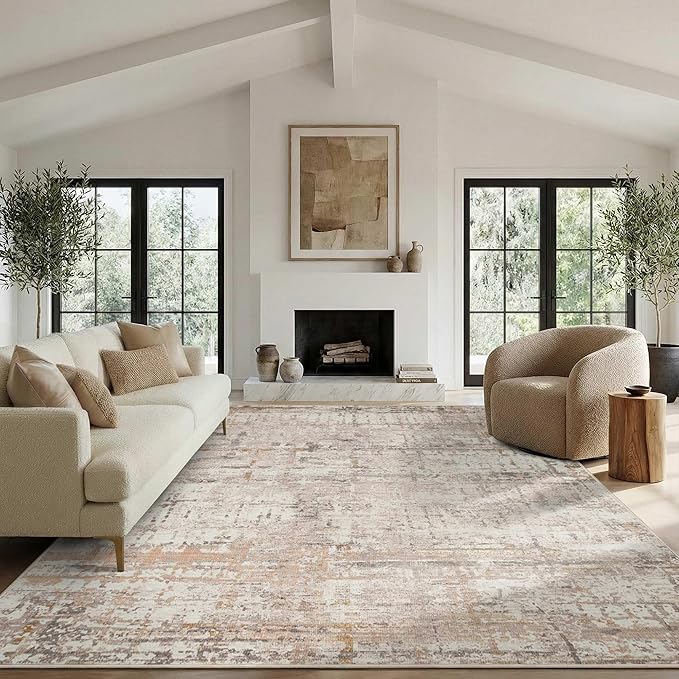 Rugxara 8x10 Modern Abstract Area Rugs,Large Soft Rugs for Living Room,Neutral Washable Rug,Beige Rugs for Bedroom Dining Room, Non-Slip Foldable Thin Indoor Carpet, Stain Resistant(Beige Grey)