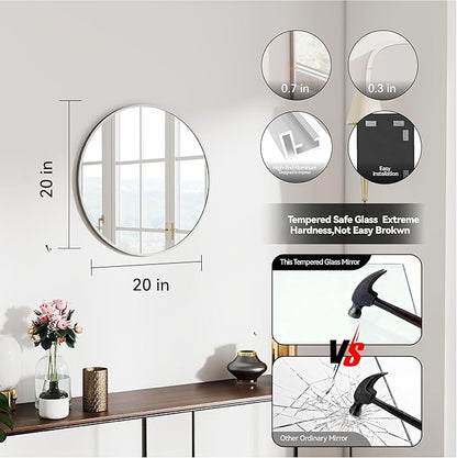 SCWF-GZ 20" Round Mirror Circle Wall Mounted Hanging or Against Wall Metal Frame Dressing Make-up Mirrors for Entryway Bedroom Bathroom Living Room 20 inch Silver