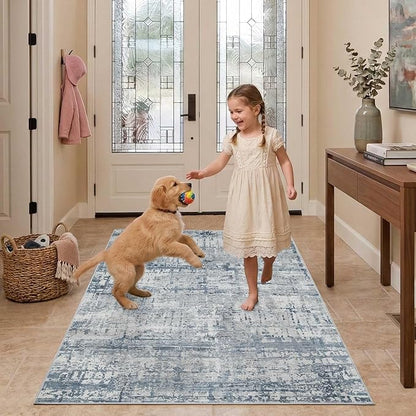 Rugxara 3x5 Washable Entryway Rug, Non Slip Boho Runner Rugs for Hallway, Entrance, Kitchen, Bathroom, Laundry Room, Soft Entryway Carpet, Throw Low Pile Retro Imitation Wool Carpet, Blue Grey