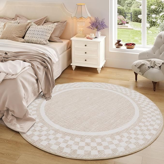 6ft Washable Round Rug for Entryway Modern Checkered Bedroom Circle Rug Non Slip Soft Dining Room Round Throw Carpet Large Stain Resistant Border Round Rugs for Living Room Kitchen Bathroom, Beige