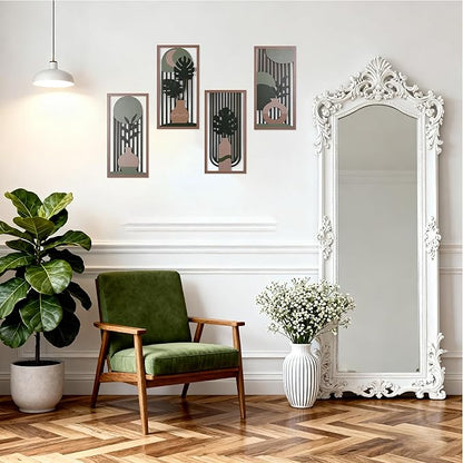 suruim Boho Wall Art Set of 4, Abstract Geometric Wooden Wall Decor, Mid-Century Modern Aesthetic Artwork with Arch, Vase & Botanical Design for Modern Home Decor for Bedroom, Office & Living Room(D)