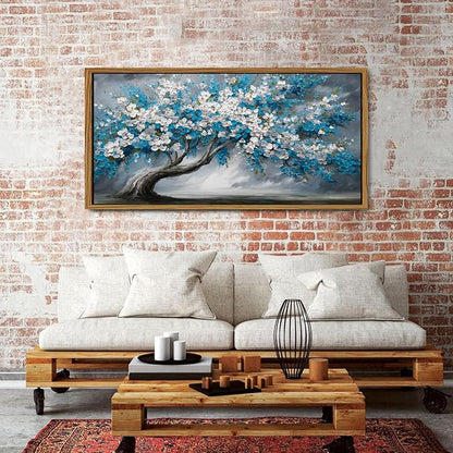 Abstract White Daisy Flower Framed Wall Art Colorful Tree Wall Decor Nature Navy Blue Botanical Painting Rustic Farmhouse Pictures Posters Modern Artwork for Bedroom Living Room Decorations 30x57.8