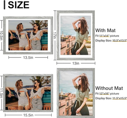 Vittanly 12x16 Picture Frames Set of 9, Shatter Resistant Plexiglass, Display 11x14 Pictures with Mat or 12x16 without Mat, Photo Frames for Wall Mount, Engineered Wood, Grey