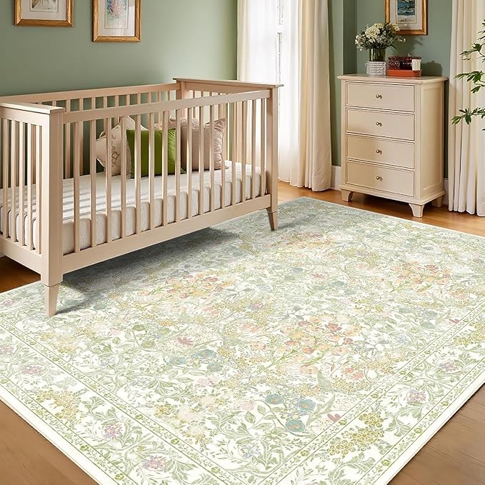 Farmhouse Sage Green Washable Living Room Rug 5x7, Floral Area Rug for Bedroom, Nursery, Dining Room Under Table, Home Office, Low Pile Non Slip Boho Carpet, Soft Cottagecore Botanical Accent Mat