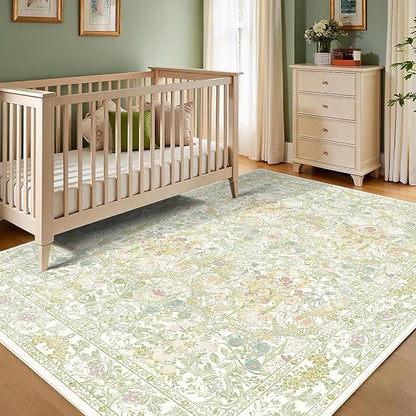 Farmhouse Sage Green Washable Living Room Rug 5x7, Floral Area Rug for Bedroom, Nursery, Dining Room Under Table, Home Office, Low Pile Non Slip Boho Carpet, Soft Cottagecore Botanical Accent Mat
