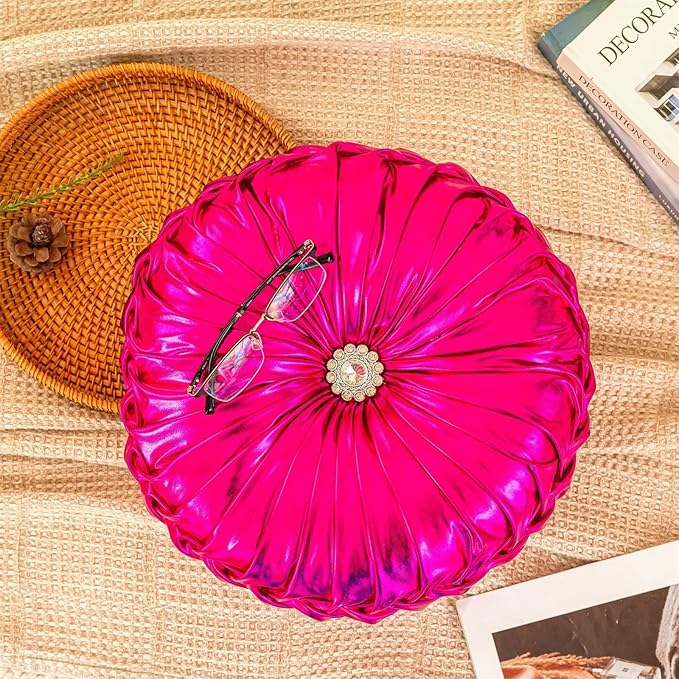 Round Throw Pillows, Soft Spandex Fabric Pumpkin Pleated Handmade Metallic Decorative Throw Pillows Floor Pillows Cushion for Sofa Couch Bedroom Living Room Chair, Rose Red ﻿