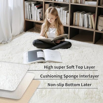 KICHOWUA Thick Area Rug 5x7 Cream White Fluffy Shag for Girl Bedroom,Ultra Soft Plush Fuzzy Washable Thickened Non-Slip Floor Carpet,Modern Furry Shaggy Rug for Living Room Nursery Kids Boy Dorm,Ivory