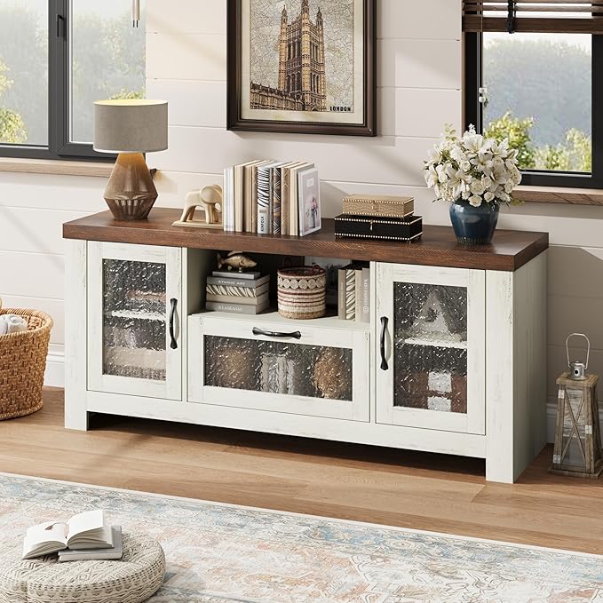 Farmhouse TV Stand for 60 Inch TVs, Wood Entertainment Center with Acrylic Door Storage Cabinets, Adjustable Shelves, Sturdy TV Console Table for Living Room Bedroom, Rustic White