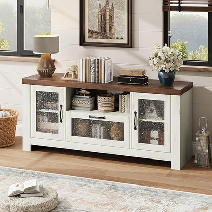 Farmhouse TV Stand for 60 Inch TVs, Wood Entertainment Center with Acrylic Door Storage Cabinets, Adjustable Shelves, Sturdy TV Console Table for Living Room Bedroom, Rustic White