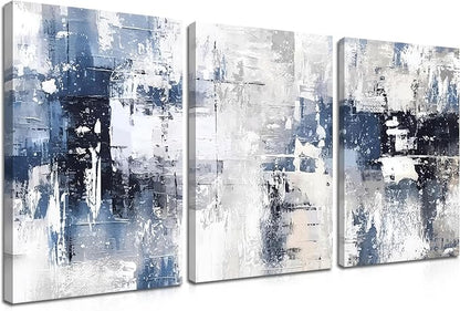 Abstract Blue and White Wall Art Set of 3, Modern Simple Navy Framed Canvas Prints Poster, Gray Painting Picture for Living Room, Bedroom, Office Wall Decor 12x16 Inch