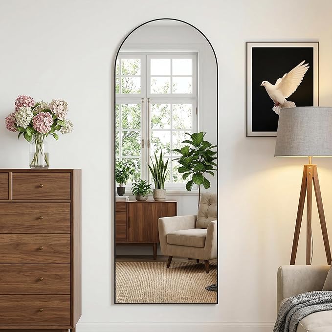 Arched Full Length Mirror 58 x 18 Inch, Full Body Mirror with Stand, Standing Hanging or Leaning Against Wall, Metal Frame Floor Mirror for Bedroom, Living Room, Cloakroom,Black