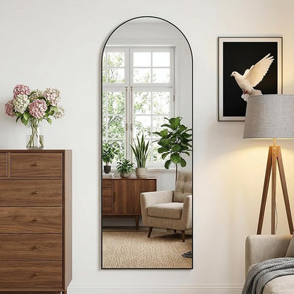 Arched Full Length Mirror 58 x 18 Inch, Full Body Mirror with Stand, Standing Hanging or Leaning Against Wall, Metal Frame Floor Mirror for Bedroom, Living Room, Cloakroom,Black