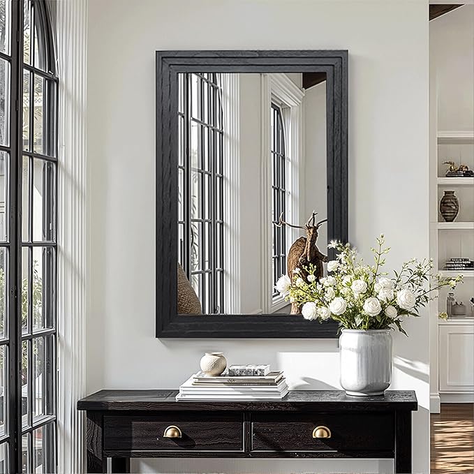 Wood Framed Mirrors for Wall, Black Bathroom Vanity Mirror for Over Sink 20 x 30, Vintage Wall Mirror for Bathroom Sink Hallway Entryway Bedroom Living Room Farmhouse Boho Style