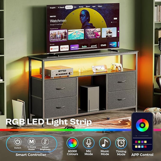 Huuger 47 Inch TV Stand Dresser with Power Outlets and LED Lights, Fabric Dresser for Bedroom with Storage, 4 Drawers Entertainment Center with Open Shelf, Media Console for 55 50 Inch TV, Black