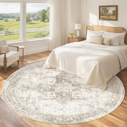 Round Rugs 6ft Washable Rug, Vintage Boho Medallion Rugs Non-Slip Soft Low Pile Circle Distressed Rug Indoor Retro Carpet for Living Room Bedroom Dining Room Home Office (Taupe, 6' Round)