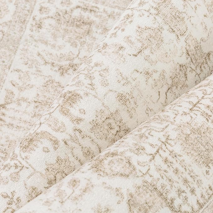 PureCozy Beige Area Rug 5x7 Machine Washable Vintage Living Room Distressed Non Slip Carpet Traditional Indoor Bedroom Retro Floral Accent Throw Large Rug for Office Kitchen Bathroom Dining Room