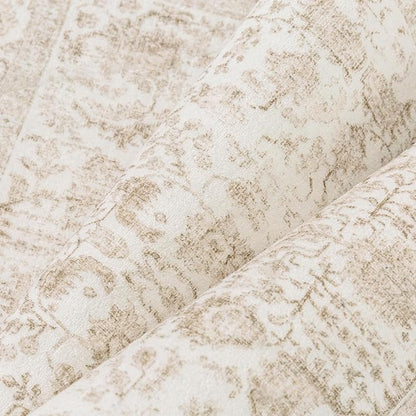 PureCozy Beige Area Rug 5x8 Machine Washable Vintage Living Room Distressed Non Slip Carpet Traditional Indoor Bedroom Retro Floral Accent Throw Large Rug for Office Kitchen Bathroom Dining Room