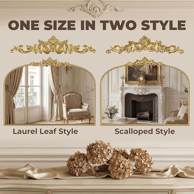 Gold Vintage Mirror 32x24 Inch, Laurel Leaf Ornate Beaded Frame Decorative Vanity Mirror, Antique Style Horizontal Bathroom Mirror for Living Room, Entryway，Dresser, Mantle