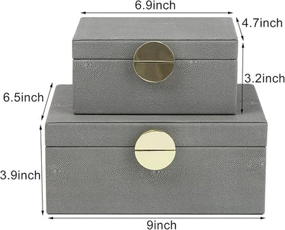HofferRuffer Faux Leather Jewelry Boxes, Decorative Boxes Storage Accessory Organizer with Gold Hardware Decor, Classic Vegan Leather Set of 2 Pieces (Dark Grey)