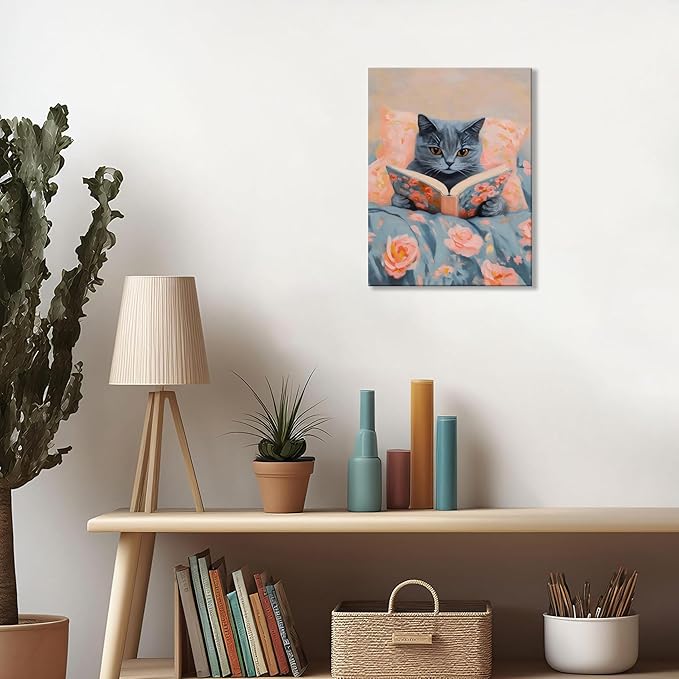 Framed Cat Reading Book Canvas Wall Art, Cute Gray Kitten Painting Print, Funny Animal Lovers Picture Wall Decor for Bedroom Living Room Kids Room Girls Room Home Decor 12x16 Inch