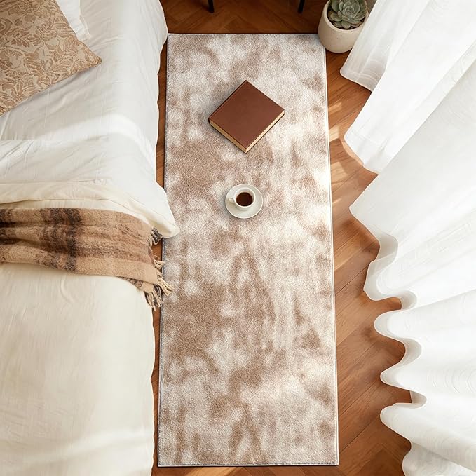 FinRèc 2x8 Washable Runner Rugs for Kitchen Hallway Bedroom, Low Pile Thin Ultra Soft Shag Rug, Non-Slip Carpet Indoor for Home Decor (Tie-dye Light Tan)